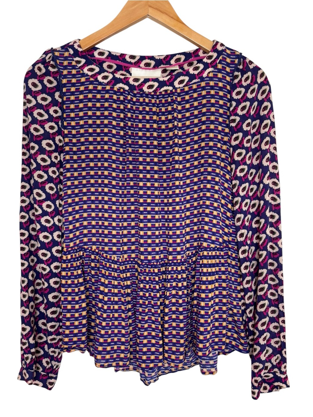 Maeve Anthropologie blouse purple mixed print tiered peplum xsmall